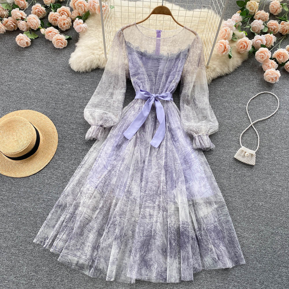 Elegant Women Mesh Dress Vintage Lantern Sleeves Printed Party Dresses Spring Summer Patchwork A Line Bandage Beach Dress