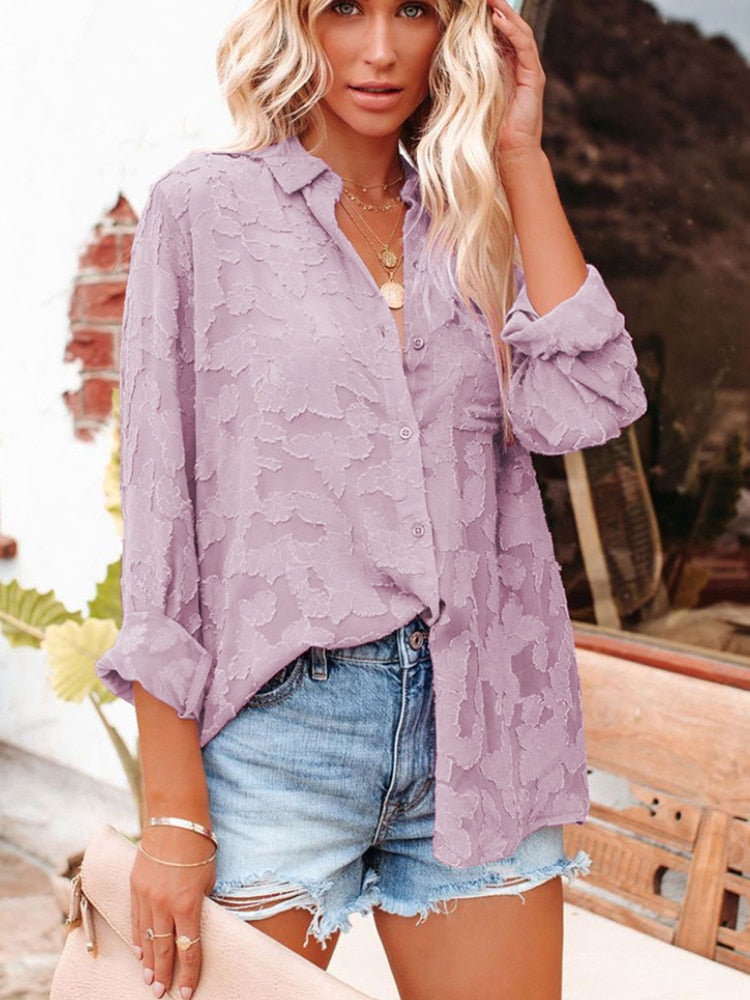 Women's Cotton Shirt Blouse Women   Elegant Spring Candy Colors Basic Top Turn-down Collar Long Sleeve Solid Button Blouses