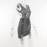 Dark Gray Hollow Out Mini Dress Sexy Drawstring Bandage Backless Summer Dresses for Women   Birthday Party Clubwear