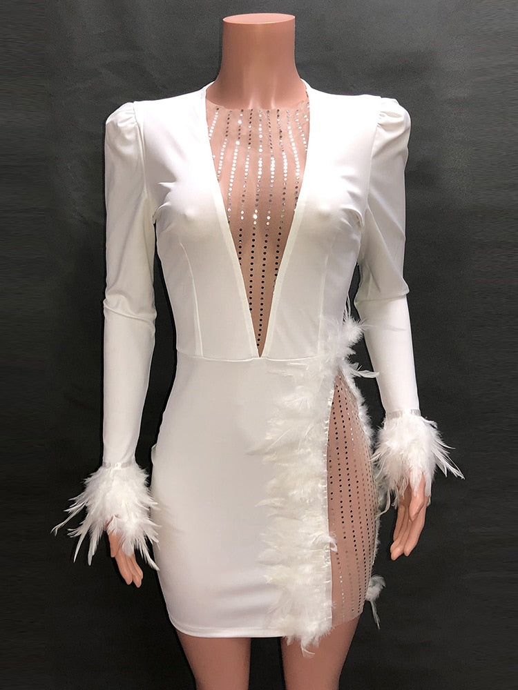 ElveswalleT   Sexy See Through Sequin Mesh Patchwork Dresses Women Deep V White Feather Mini Party Dress Ladies Nightclub Vestidos