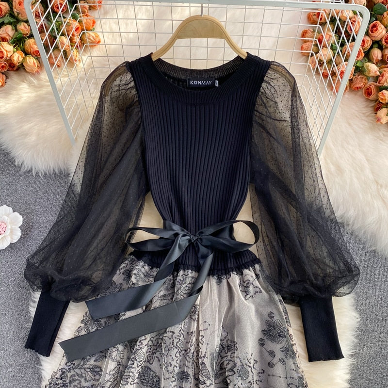 Elegant Mesh Knitted Stitching Dress Women Vintage Puff Sleeve Round Neck A Line Party Dresses Ladies Bandage Printing Dress