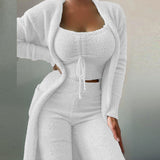 Women Elegant Fleece Soft 3 Piece Suit Fashion Square Collar Drawstring Tops+Long Cardigan Outfits Casual Pajamas Solid Set