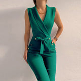 New Solid Casual Women Summer Jumpsuits V-Neck Lace-Up Sleeveless Wide Leg Pants Button Ladies Bodysuits Streetwear