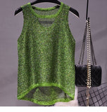 Summer New Sexy Hollow Sequined Knit Camisole Top Sleeveless Hollow Out Top Shirt Women's Loose Casual Crop Top Tops
