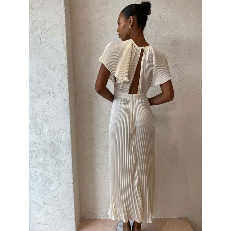 Casual Hollow Out Pleated Dress For Women Fashion Flare Sleeve Backless A Line Dresses Spring summer O Neck Office Lady dress