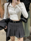 Winter Vintage Short T-shirt Women Elegant Solid Long Sleeve Slim Y2K Tops Female Casual Korean Fashion Warm Polo Shirts