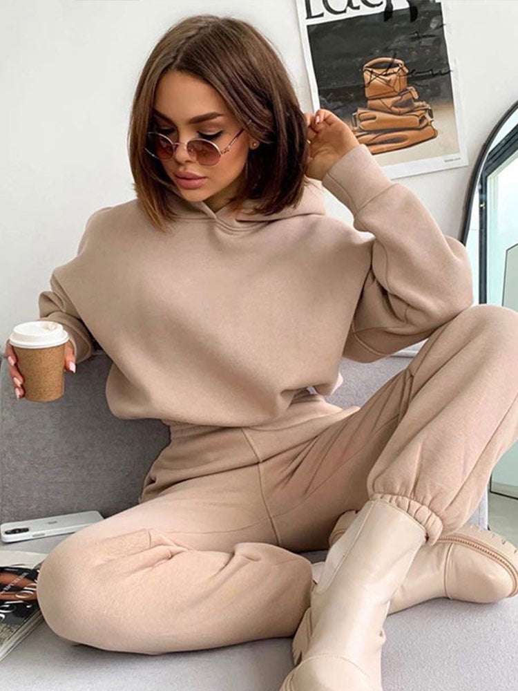 Fashion Casual Fleece Tracksuits Women Solid Warm 2 Piece Set Loose Hoodies And Sweatpants Suit Autumn Winter Sportswear Outfits