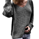 Casual Women Loose Solid Color Knitted Sweater V Neck Long Sleeve Top Women Clothing Pull Femme