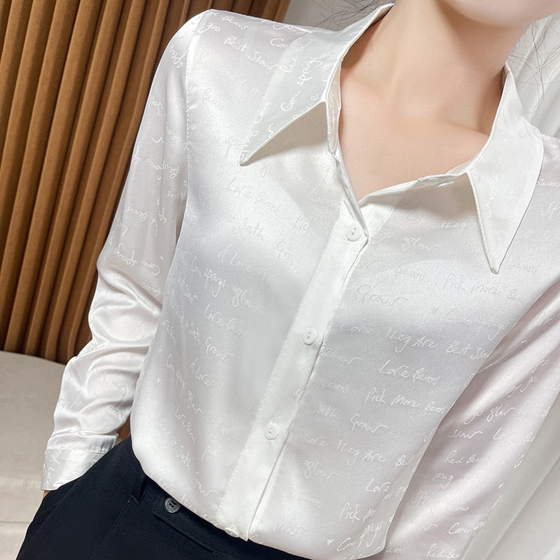 Spring And Summer New High-Eend Silk Letter Jacquard Shirt Women's Fashion Light Luxury Cardigan Top. Acetate Satin Finish