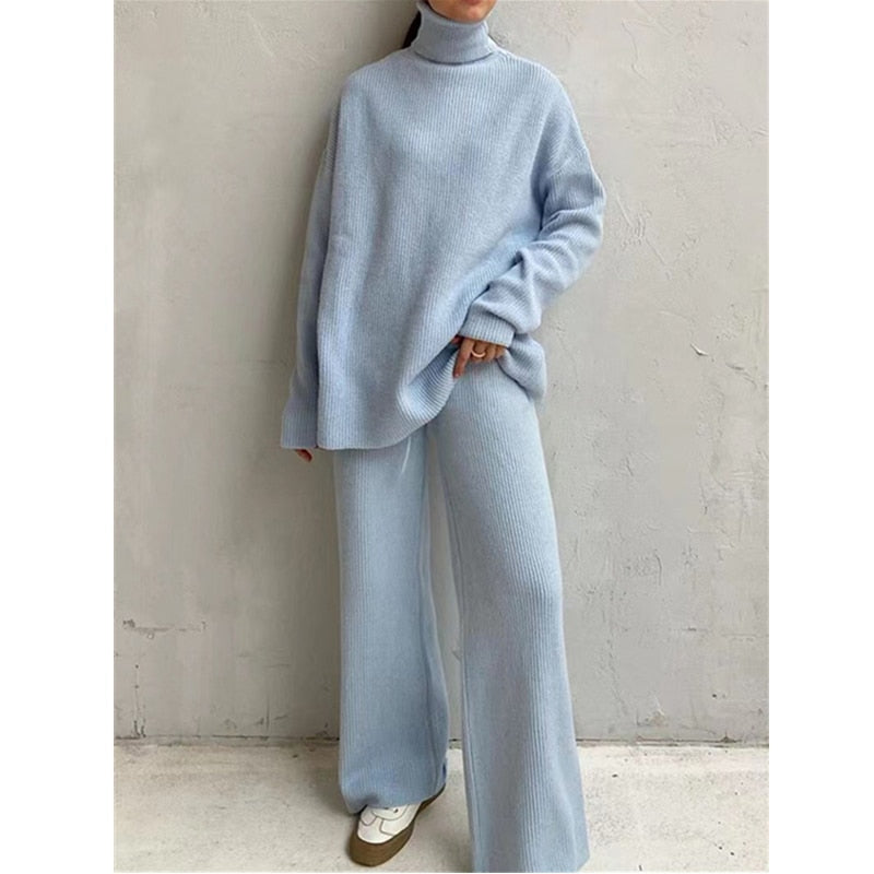 Autumn Winter 2 Pieces Women Sets Knitted Tracksuit Turtleneck Sweater and Wide Leg Jogging Pants Pullover Suit New