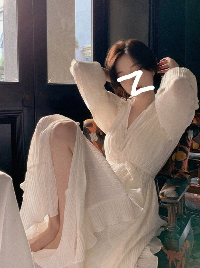 Pure Color French Elegant Dress Woman Long Sleeve Fairy Midi Dress Casual   Summer Slim Party One Piece Dress Korean Design