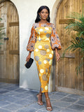 African Women Sun Flower Printed Long Dresses O Neck Lantern Sleeve High Waist Sheath Gowns 4XL for Wedding Guest Church Outfits