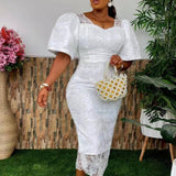 Women's Elegant Floral Lace Bodycon Dress Short Sleeve Square Neck V Back Midi Length Wedding Guest Party Cocktail Dress XXXL
