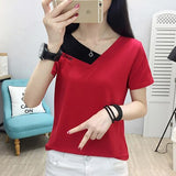 ElveswalleT   Fake Two Piece Tops Women T-Shirt Off Shoulder Tshirt Short Sleeve V-Neck Korea Fashion Summer Cotton Tee Shirt Femme