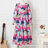 Summer Party Long Maxi Dress Women Long Sleeve Slit Vintage Printed Pleated Bohemian Beach Sundress Casual Vestido