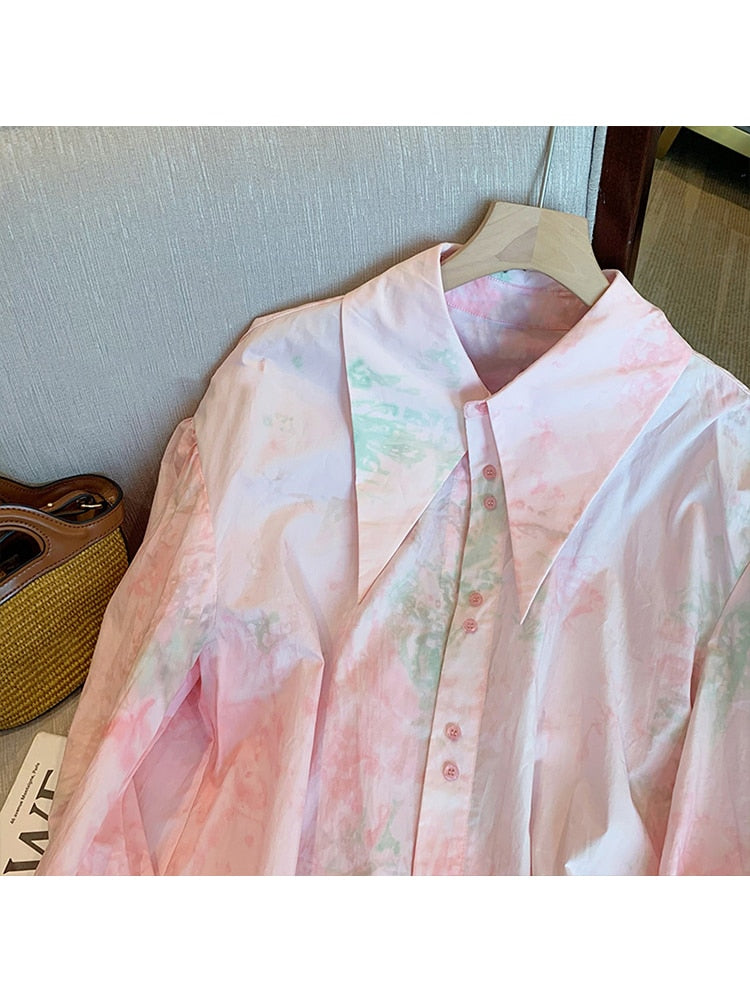 Korean Fashion Tie Dye Loose Long Sleeve Single Breasted Shirt   Spring Women's Turn-Down Collar Casual Female Blouse