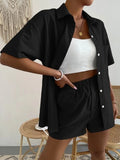 Long Sleeve Single-breasted Top + Broad-legged Shorts Set Fashion Ladies Sexy Solid Suits Summer 2 Piece Outfits For Women