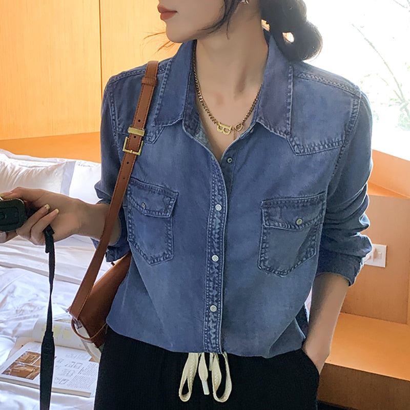 Jeans Shirt for Women Spring   New Long Sleeve Turn Down Collar Oversized Blouses Korean Vintage Casual Long Top