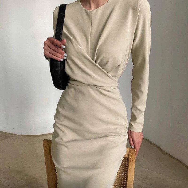 Autumn Elegant Women's French Dress Fashion Long Sleeves Casual Solid Color Dresses New High Waist Office Ladeis Party Vestidos