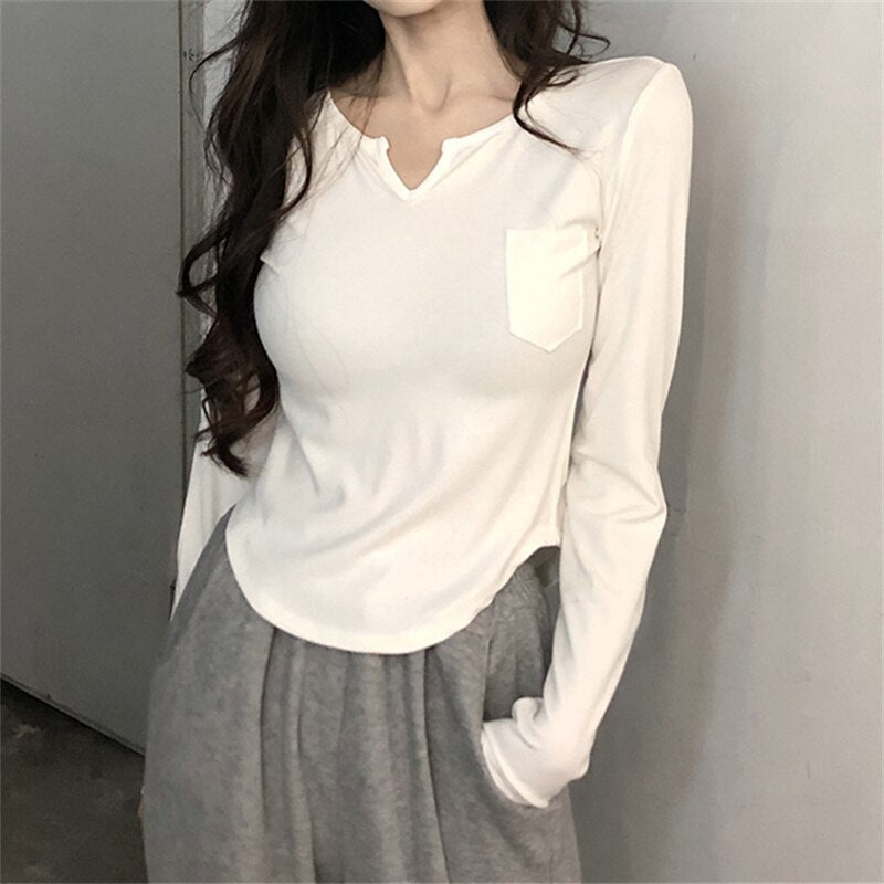 White T Shirt for Women   New Long Sleeve Turn Down Collar Slim Tee Shirts Korean Fashion Office Ladies Casual Top