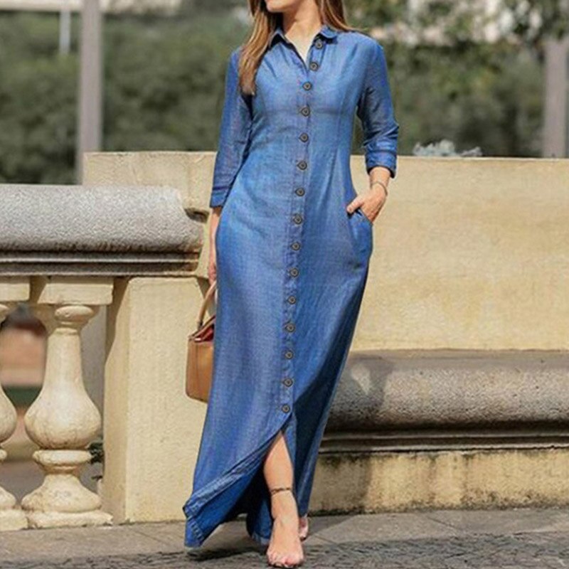 Casual Shirt Dress Women Turn-Down Collar Long Dresses Office Ladies Single Breasted Maxi Dress Party Dresses Vestidos Robe