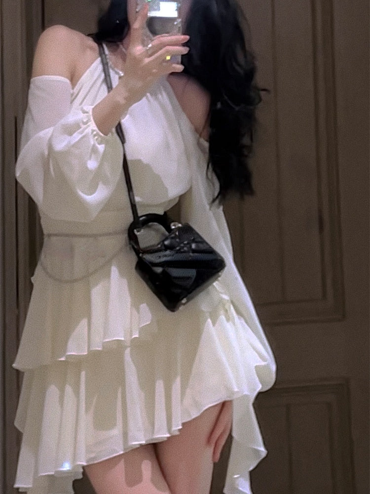 Autumn Fairy Pure Color Short Party Dress Korean Fashion Elegant Mini Dress Woman Design Casual Long Sleeve Dress Female