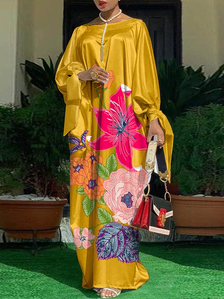 Women ElveswalleT Summer Party Dress Vintage Floral Printed Casual Loose Bohemian Beach Sundress Long Sleeve Satin Maxi Vestidos