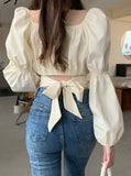 Elegant Blouse Women Spring Summer   New French Style Square Collar Puff Sleeve Chic Shirts Ladies Casual Crop Top