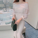 ElveswalleT Korean chic spring elegant temperament twisted one-line collar sling off shoulder bubble sleeve long fishtail dress women