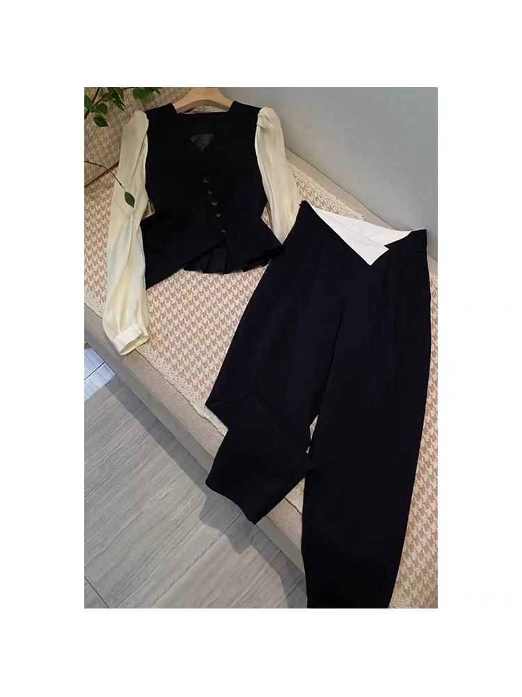 Women's Autumn British Style Trousers Suit V-neck Irregular Short Small Blazer and Wide Leg Trousers Two Office Ladies Piece Set