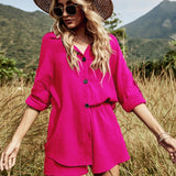 New Summer Casual Button Rose Red Women's Sets Cotton Two Pieces Sets Women Long Sleeve White Shirt and Shorts Set Outfits