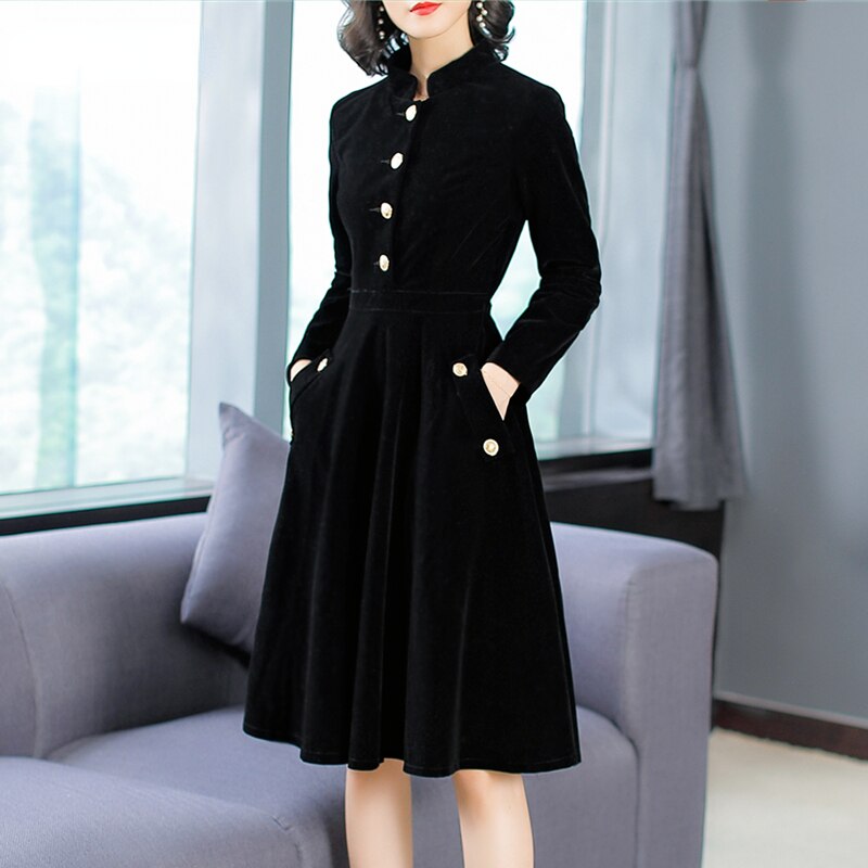 New Autumn And Winter Women European And American Hepburn Style Dress Black Thin Retro Velvet Collar
