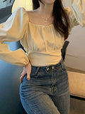 Elegant Blouse Women Spring Summer   New French Style Square Collar Puff Sleeve Chic Shirts Ladies Casual Crop Top