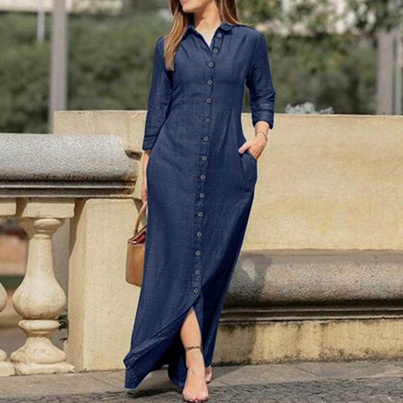 Casual Shirt Dress Women Turn-Down Collar Long Dresses Office Ladies Single Breasted Maxi Dress Party Dresses Vestidos Robe