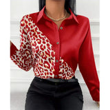 Women Long Sleeve Shirts Autumn New Elegant Satin Blouses Tops Office Leopard Print Patchwork Shirt Ladies Casual Lapel Top