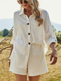 Summer Beach Casual Button White Women's Sets Cotton Linen Two Pieces Sets Long Sleeve Shirt and Shorts Women Set Outfits