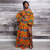 ElveswalleT   African Dresses for Women Autumn 2-piece Set Lady Full Sleeve Shoulder Off Festher Dashiki Print Split Skirts Africna Clothes