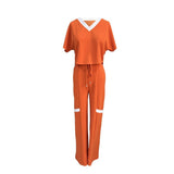 Summer Fashion Casual Two Piece Set Women V Neck Short-sleeved T-shirt Elastic Straight Pants Two Piece Suit Women