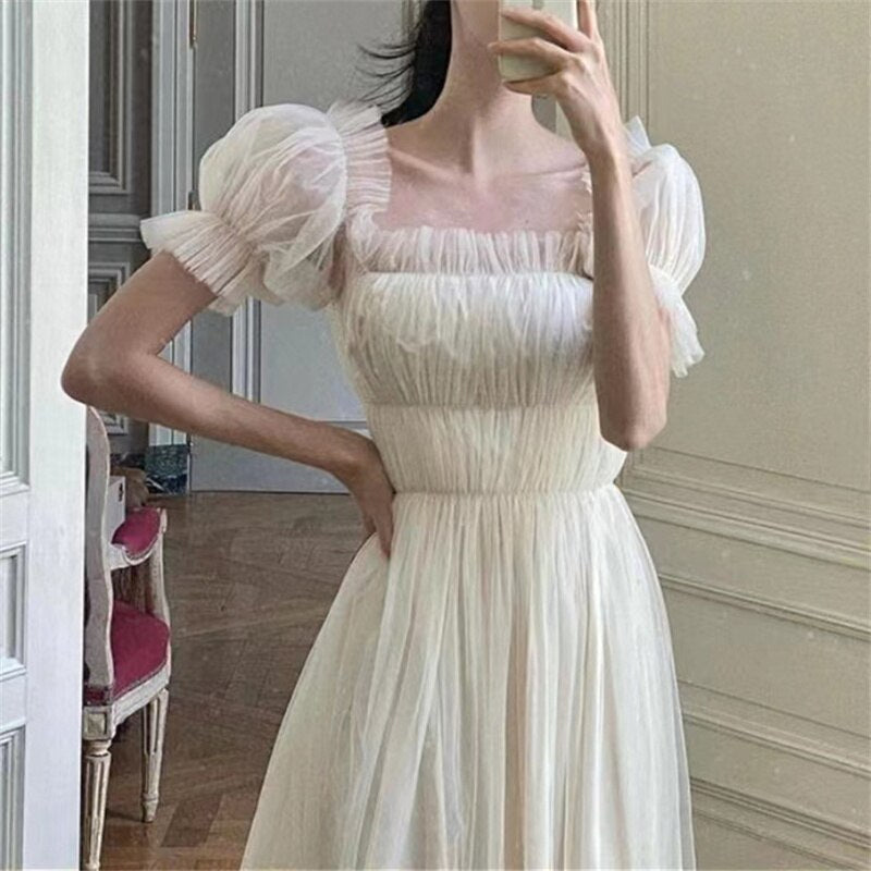 Elegant Dress for Women Ruffles Square Collar Short Sleeve French Style High Waisted A Line Party Midi White Dresses