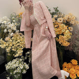 Pink Plaid Tweed Jacket + Strapped Dress Women Vintage   Winter Elegant Party Woolen 2 Piece Sets Ladies Autumn Dress Sets