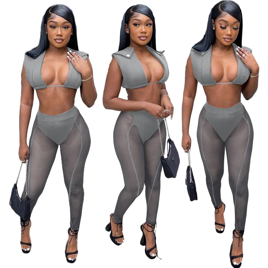 ElveswalleT Womens Fashion 3 Pieces Set Bandage Lace Up Halter Crop Top Sheer Mesh Pants set Party Night Club Outfits Streetwear See Through Cloth
