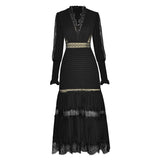Summer Sexy Party Dress Women Single Breasted Long Sleeve Layer Ruffle Flower Embroidery Lace Tulle Maxi Dress Robe
