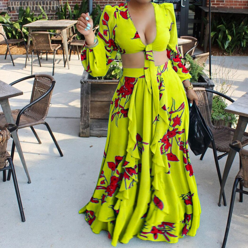 ElveswalleT Summer   Fashion African Women Long Sleeve V-neck Polyester Printing Yellow Orange Green Two Pieces Sets Top and Long Skirts
