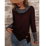 Female Waffle Check Double-layer Loose Autumn Winter Long Sleeve T-Shirts Vintage Medium Length Two Color Splicing Button Tops