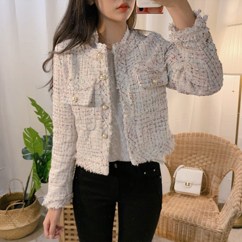 ElveswalleT   Trends New Autumn Women Single-Breasted Tweed Jacket High Quality Female Elegant Korean Chic Short Coat
