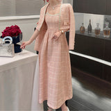 Pink Plaid Tweed Jacket + Strapped Dress Women Vintage   Winter Elegant Party Woolen 2 Piece Sets Ladies Autumn Dress Sets