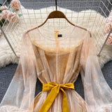 Elegant Women Mesh Dress Vintage Lantern Sleeves Printed Party Dresses Spring Summer Patchwork A Line Bandage Beach Dress