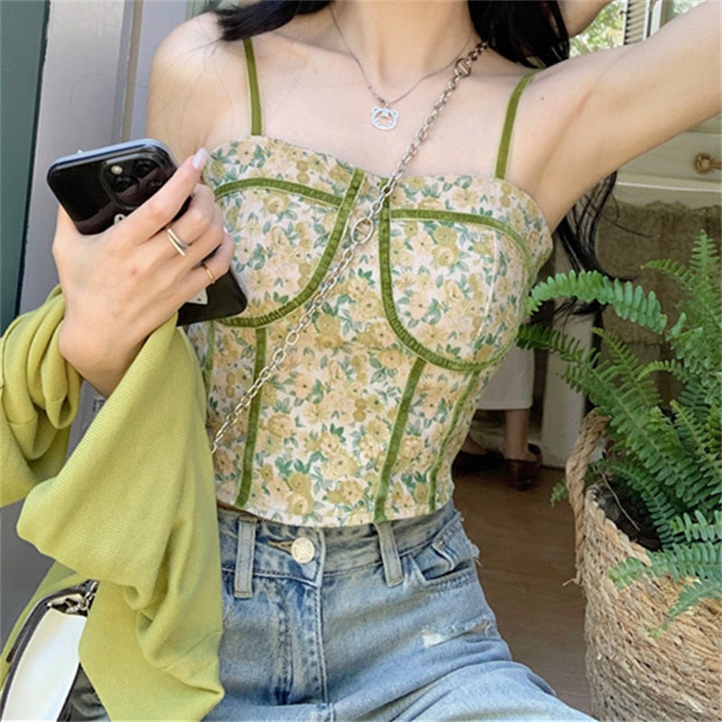 Floral Print Tank Top for Women   Sleeveless Strapless Slim Crop Top Korean Fashion Vintage Casual Y2k Sexy Camis