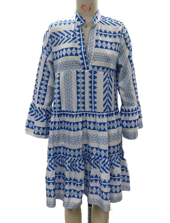 V neck Swing Women Daily Cotton Bell Sleeve Printed Tribal Summer Dress