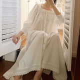 Women Sleepwear French Style Cotton Princess Dress Vintage Ladies Long Sleeves Nightgowns Square Neck Pleated Nightdress
